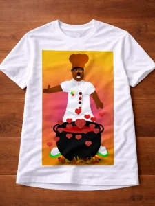 White adult T-shirt featuring an original artwork by Serj Éty’n.