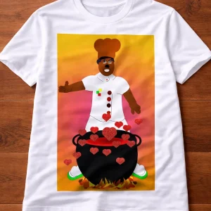 White adult T-shirt featuring an original artwork by Serj Éty’n.