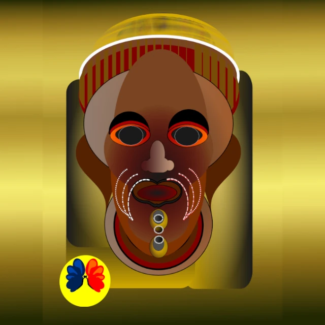 Abstract cubist portrait of a griot ancestor, stylized African face with geometric shapes, warm ochre and gold tones, symbolic eyes and mouth representing oral tradition, memory, and ancestral transmission. Created by Serj Éty'n