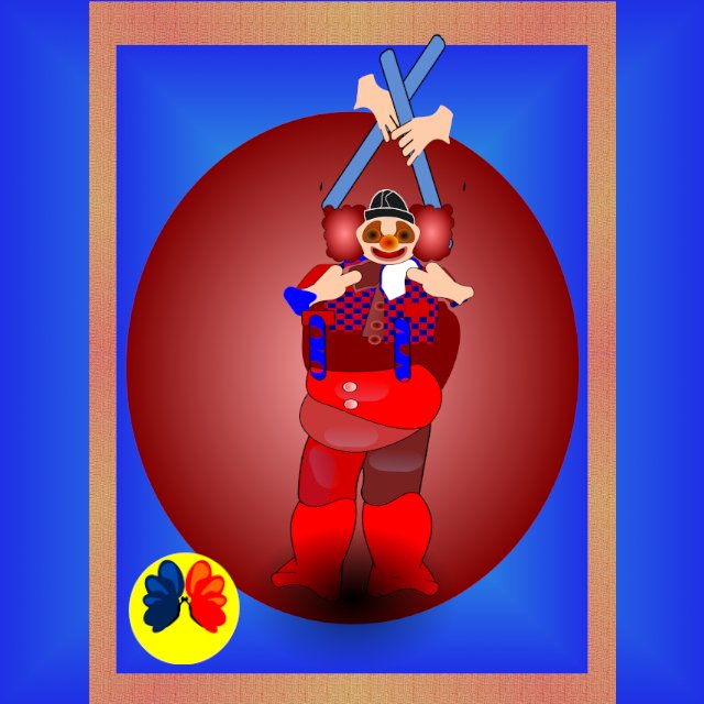 Colorful satirical illustration of a clown-like president figure standing in a red oval spotlight against a blue background, wearing exaggerated red boots and circus-style clothing while puppet-like hands above hold crossed sticks, suggesting manipulation and political satire.