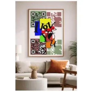 Contemporary digital illustration by Serj Éty’n displayed as wall art in a modern interior, featuring vibrant colors, abstract shapes, and expressive character design, enhancing home decor with bold artistic energy.