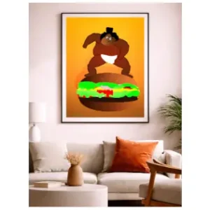 Contemporary digital illustration by Serj Éty’n displayed as wall art in a modern interior, featuring vibrant colors, abstract shapes, and expressive character design, enhancing home decor with bold artistic energy.