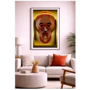 Contemporary digital illustration by Serj Éty’n displayed as wall art in a modern interior, featuring vibrant colors, abstract shapes, and expressive character design, enhancing home decor with bold artistic energy.