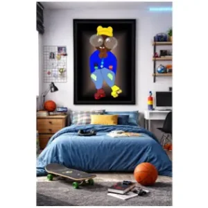 Contemporary digital illustration by Serj Éty’n displayed as wall art in a modern interior, featuring vibrant colors, abstract shapes, and expressive character design, enhancing home decor with bold artistic energy.