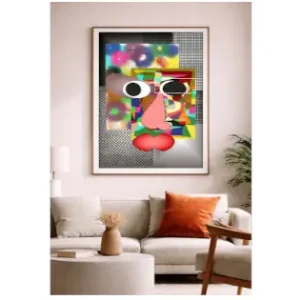 Contemporary digital illustration by Serj Éty’n displayed as wall art in a modern interior, featuring vibrant colors, abstract shapes, and expressive character design, enhancing home decor with bold artistic energy.