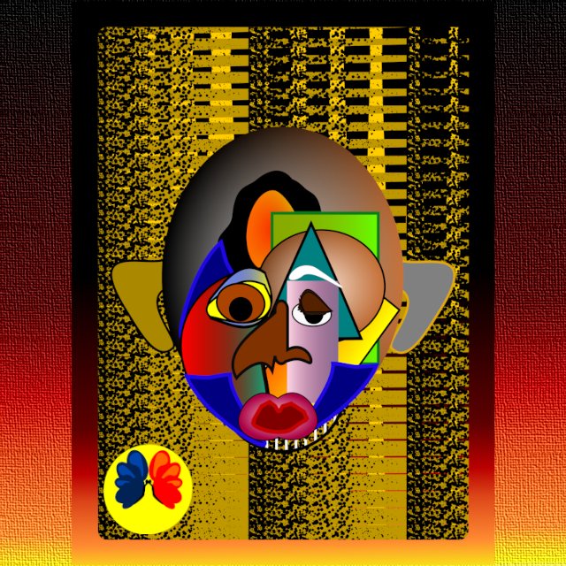 Framed abstract cubist ceremonial mask artwork by Serj Éty’n featuring vibrant geometric facial elements over a textured gold and black patterned background, displayed as contemporary wall art.