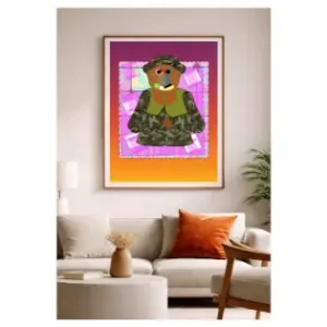 Contemporary digital illustration by Serj Éty’n displayed as wall art in a modern interior, featuring vibrant colors, abstract shapes, and expressive character design, enhancing home decor with bold artistic energy.