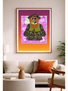 Contemporary digital illustration by Serj Éty’n displayed as wall art in a modern interior, featuring vibrant colors, abstract shapes, and expressive character design, enhancing home decor with bold artistic energy.