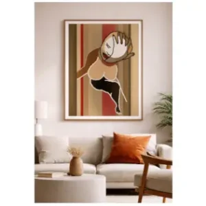 Contemporary digital illustration by Serj Éty’n displayed as wall art in a modern interior, featuring vibrant colors, abstract shapes, and expressive character design, enhancing home decor with bold artistic energy.