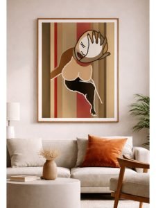 Contemporary digital illustration by Serj Éty’n displayed as wall art in a modern interior, featuring vibrant colors, abstract shapes, and expressive character design, enhancing home decor with bold artistic energy.