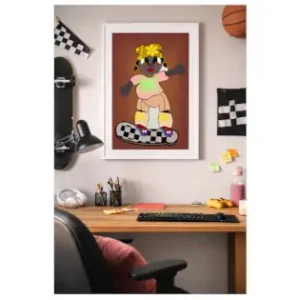 Contemporary digital illustration by Serj Éty’n displayed as wall art in a modern interior, featuring vibrant colors, abstract shapes, and expressive character design, enhancing home decor with bold artistic energy.