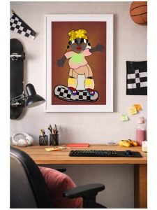 Contemporary digital illustration by Serj Éty’n displayed as wall art in a modern interior, featuring vibrant colors, abstract shapes, and expressive character design, enhancing home decor with bold artistic energy.
