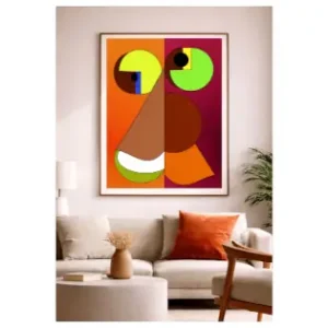 Contemporary digital illustration by Serj Éty’n displayed as wall art in a modern interior, featuring vibrant colors, abstract shapes, and expressive character design, enhancing home decor with bold artistic energy.