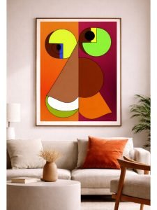 Contemporary digital illustration by Serj Éty’n displayed as wall art in a modern interior, featuring vibrant colors, abstract shapes, and expressive character design, enhancing home decor with bold artistic energy.