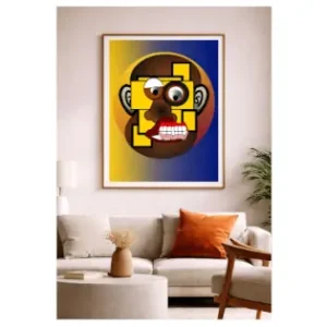 Contemporary digital illustration by Serj Éty’n displayed as wall art in a modern interior, featuring vibrant colors, abstract shapes, and expressive character design, enhancing home decor with bold artistic energy.