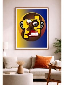 Contemporary digital illustration by Serj Éty’n displayed as wall art in a modern interior, featuring vibrant colors, abstract shapes, and expressive character design, enhancing home decor with bold artistic energy.