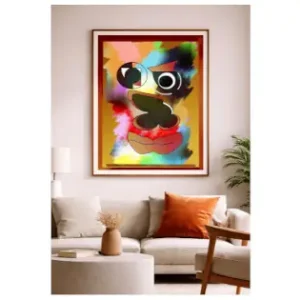 Contemporary digital illustration by Serj Éty’n displayed as wall art in a modern interior, featuring vibrant colors, abstract shapes, and expressive character design, enhancing home decor with bold artistic energy.