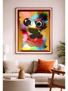 Contemporary digital illustration by Serj Éty’n displayed as wall art in a modern interior, featuring vibrant colors, abstract shapes, and expressive character design, enhancing home decor with bold artistic energy.
