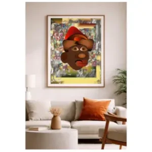 Contemporary digital illustration by Serj Éty’n displayed as wall art in a modern interior, featuring vibrant colors, abstract shapes, and expressive character design, enhancing home decor with bold artistic energy.