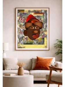 Contemporary digital illustration by Serj Éty’n displayed as wall art in a modern interior, featuring vibrant colors, abstract shapes, and expressive character design, enhancing home decor with bold artistic energy.