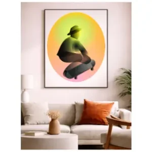 Contemporary digital illustration by Serj Éty’n displayed as wall art in a modern interior, featuring vibrant colors, abstract shapes, and expressive character design, enhancing home decor with bold artistic energy.