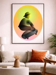 Contemporary digital illustration by Serj Éty’n displayed as wall art in a modern interior, featuring vibrant colors, abstract shapes, and expressive character design, enhancing home decor with bold artistic energy.
