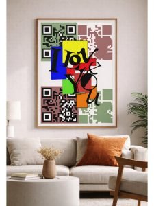 Contemporary digital illustration by Serj Éty’n displayed as wall art in a modern interior, featuring vibrant colors, abstract shapes, and expressive character design, enhancing home decor with bold artistic energy.