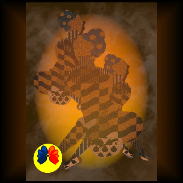 Abstract cubist illustration of three intertwined human figures with geometric patterns in warm orange and brown tones, set against a glowing circular background, symbolizing unity and movement at night. Created by Serj Éty’n.