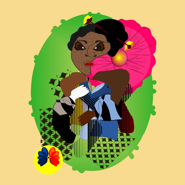 AFRO GENKI DESUAfro-cubist digital artwork featuring a stylized female portrait with textured brown skin, geometric fragmented shapes, red lips, and patterned clothing, set against a radiant pink flower and green organic background. Contemporary Afro-inspired art by Serj Éty’n.