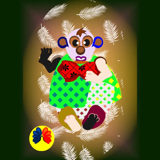 “Hi Folks” A colorful abstract character floats against a warm golden background, surrounded by white feather-like shapes. The figure has wide expressive eyes, a red bowtie, patterned green clothing, and mismatched feet, rendered in a playful, dreamlike graphic style