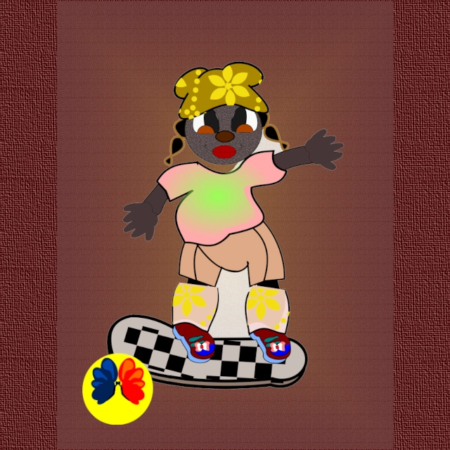 Colorful cubist-style artwork displayed in a modern teen girl bedroom, featuring a playful child character on a skateboard, symbolizing freedom and creativity. Created by Serj Éty’n.