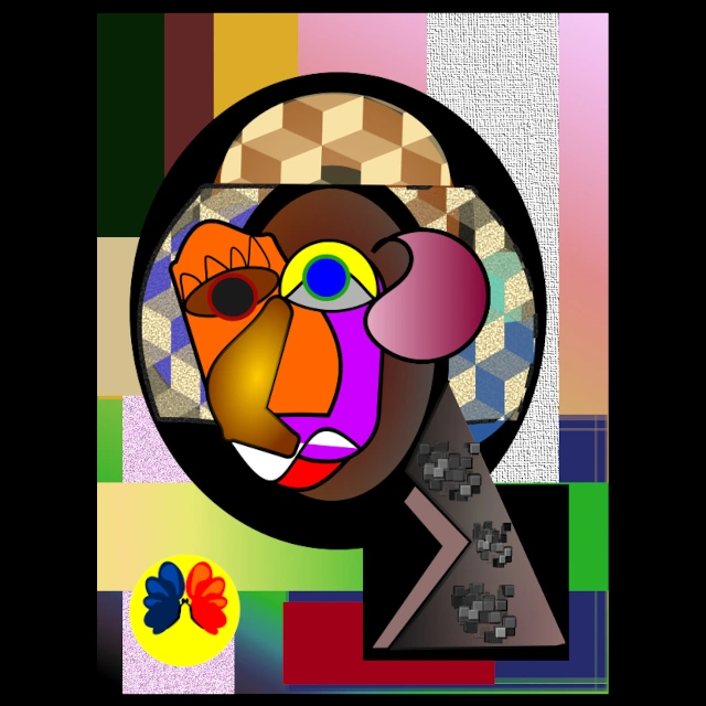 portrait of the afrovirginContemporary abstract cubist portrait featuring a stylized Afro-inspired face with geometric shapes, vibrant colors, and a central symbolic eye, set against a textured multicolor background, created by Serj Éty’n.