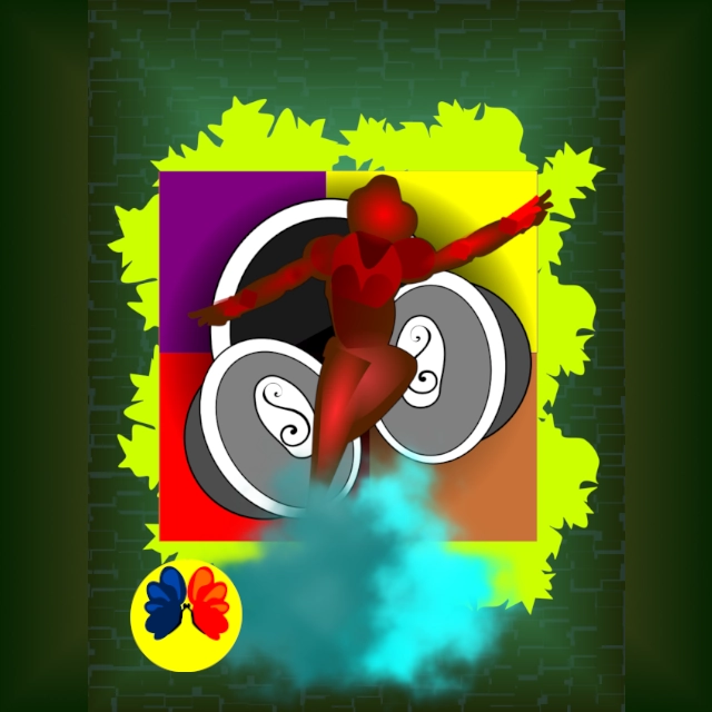 RYTHMO IS FOR DANCERAbstract cubist illustration of a red human figure dancing dynamically, surrounded by vibrant geometric shapes, spiral forms, and neon colors symbolizing rhythm, movement, and energy.