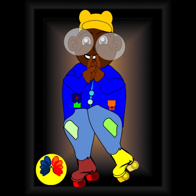 Framed colorful digital illustration of a thoughtful child character with oversized glasses and roller skates displayed in a modern teenager bedroom with skateboard, basketball and desk setup — Created by Serj Éty’n.