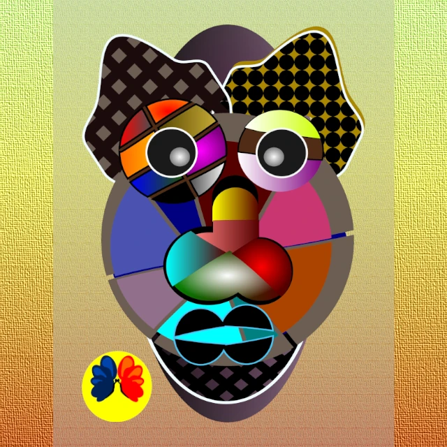 Framed abstract colorful tribal mask artwork by Serj Éty’n displayed above a desk in a modern home office with clean minimalist design.